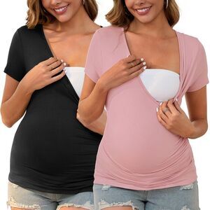 2 Pack Wrap V Neck Breastfeeding Stretch Maternity T-Shirt Black&Pink